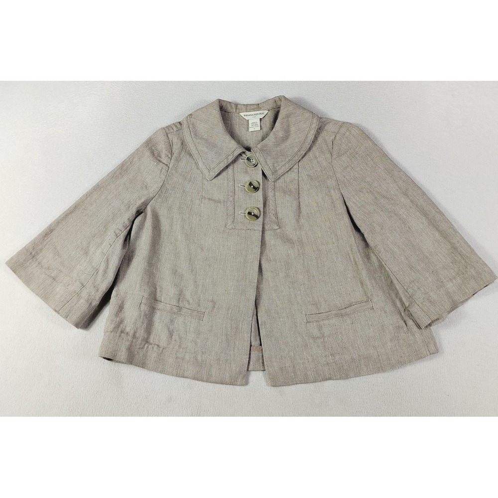 Banana Republic Jacket Womens Medium Beige Linen Herringbone 3/4 Sleeve Cropped